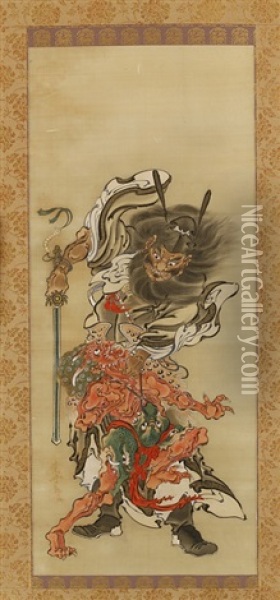 Zhong Kui And Demon Oil Painting - Kawanabe Kyosai