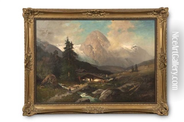 Berglandschaft Mit Wanderer Oil Painting - Heinrich Hiller
