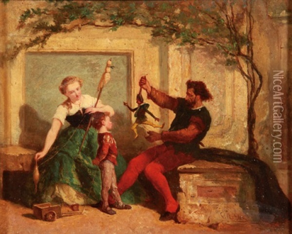 Puppeteer Performing For A Young Boy And A Woman Making Thread Oil Painting - Victor Nehlig