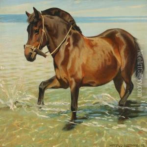 A Horse In The Waterline Oil Painting - Harald Slott-Moller