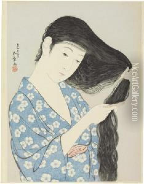 Woman Brushing Her Hair, 1920.3 Oil Painting - Goyo Hashiguchi