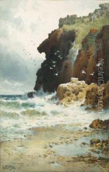 Waves Crashing Against Cliffs Oil Painting - Arthur Suker