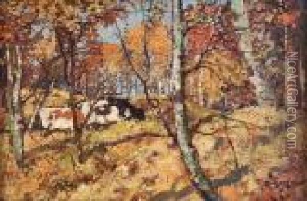 Cattle Grazing In The Woods Oil Painting - James Kay