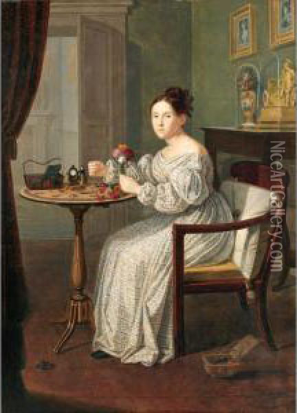Jeune Fille Dans Un Interieur [, Young Woman In A Room, Oil On Canvas, Signed And Dated 1837.] Oil Painting - Giuseppe Patania