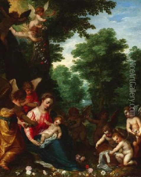 Madonna Mit Dem Christuskind Und Engeln Vor Einer Waldlandschaft Oil Painting - Hans Rottenhammer the Elder