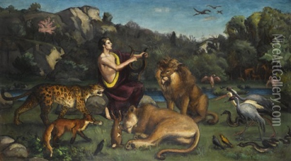Orpheus Charming The Animals Oil Painting - Adolf Fenyes