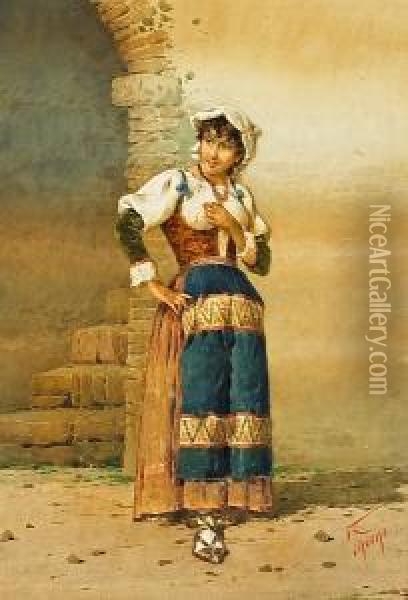 An Italian Peasant Woman Standing By A Portal; Also A Companion Watercolor (a Pair) Oil Painting - Filippo Indoni