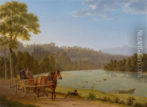 View Of Schloss Oetlishausen With Travellers In A Carriage Along The Thur Oil Painting - Johann Jakob Biedermann