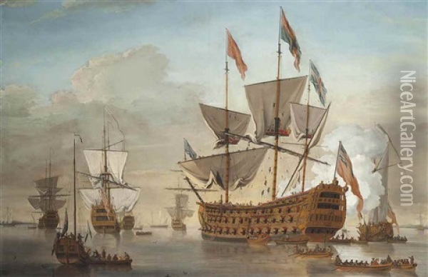 A Large First Rate, Thought To Be The Royal William (formerly The Prince), Lying At Her Anchorage, Surrounded By Other Vessels And Preparing To Receive A Distinguished - Possibly Royal - Visitor Oil Painting - Samuel Scott