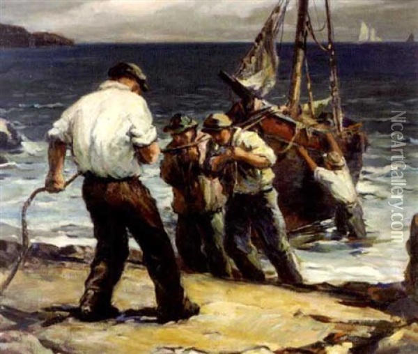 Fishermen Hauling Their Boat, The Coast Of Maine Oil Painting - Vladimir Pavlosky