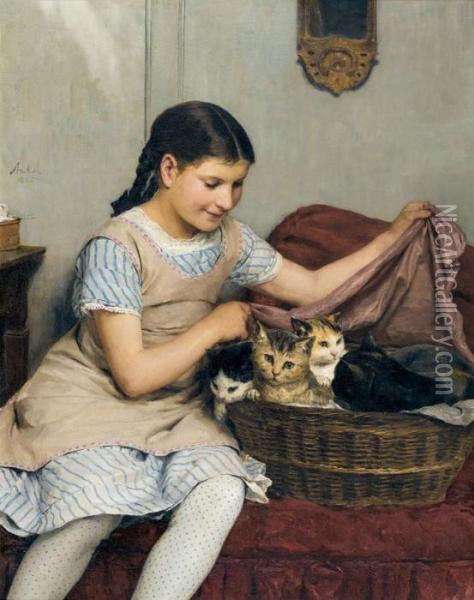 Madchen Mit Katzen Oil Painting - Albert Anker