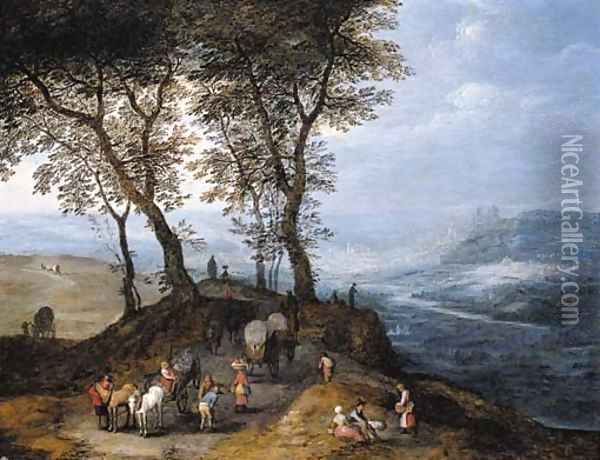 An extensive landscape with travellers on a path overlooking a valley, a city beyond Oil Painting - Jan Brueghel the Younger