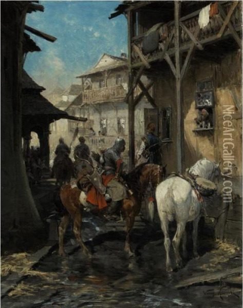 Soldiers Stopping For Rest Oil Painting - Alfred Wierusz-Kowalski