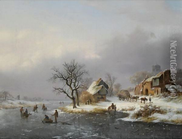 A Winter Landscape With Skaters, A Horse-Drawn Cart On A Path Nearby Oil Painting - Frederik Marianus Kruseman