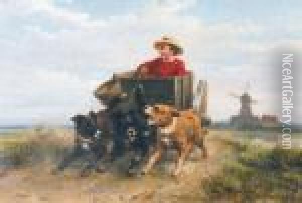 Little Boy With Dogcart On A Heathland Oil Painting - Henriette Ronner-Knip