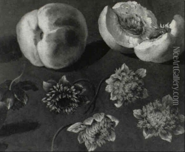 Still Life Of Peaches And Flowers Oil Painting - Jean-Baptiste Monnoyer