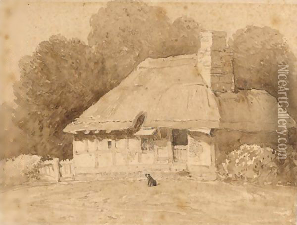 A Dog By A Thatched Cottage Oil Painting - David Cox