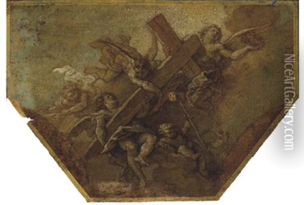 Three Angels And Putti Carrying The Cross And The Instruments Of The Passion Oil Painting - Charles de La Fosse