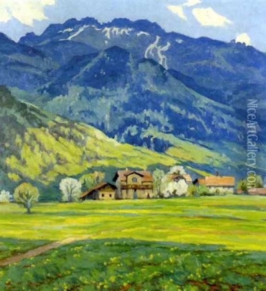 Gebirgslandschaft Mit Dorf Oil Painting - Adolf Hinzpeter