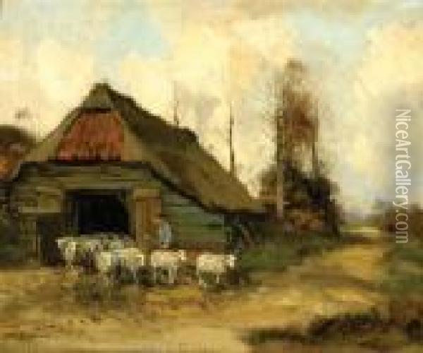 A Shepherd With His Flocknear A Barn Oil Painting - Willem George Fred. Jansen