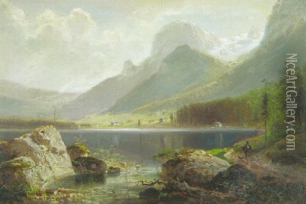 Der Eibsee Im Morgenlicht Oil Painting - Ferdinand Feldhuetter