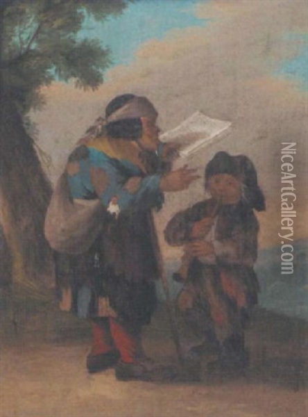 A Beggar And A Boy Playing A Pipe Oil Painting - Paolo Monaldi