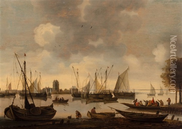 Ships On The Merwede With Dordrecht On The Horizon Oil Painting - Hendrick De Meijer