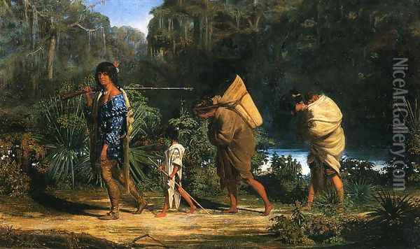 Louisiana Indians Walking along a Bayou Oil Painting - Alfred Boisseau