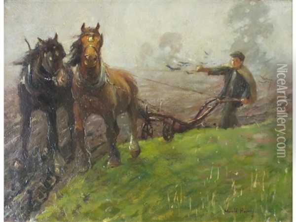 Turning The Plough Oil Painting - Harold Harvey