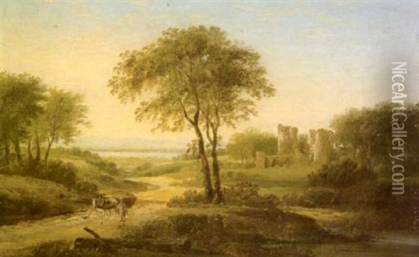 Wagonier In Coastal Landscape With Ruins Oil Painting - William Sadler the Younger