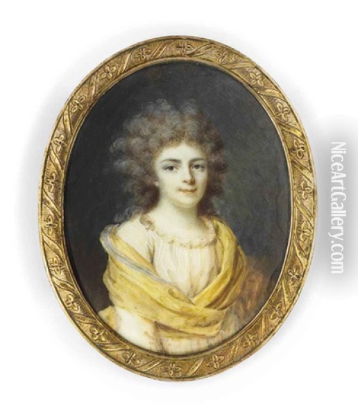 A Young Lady, In White Dress With Frilled Collar, Wearing A Silver-bordered Yellow Shawl Across Her Shoulders, Crossing Over At Her Waist, Powdered Curling Hair Oil Painting - Joseph (Derunton) Deranton