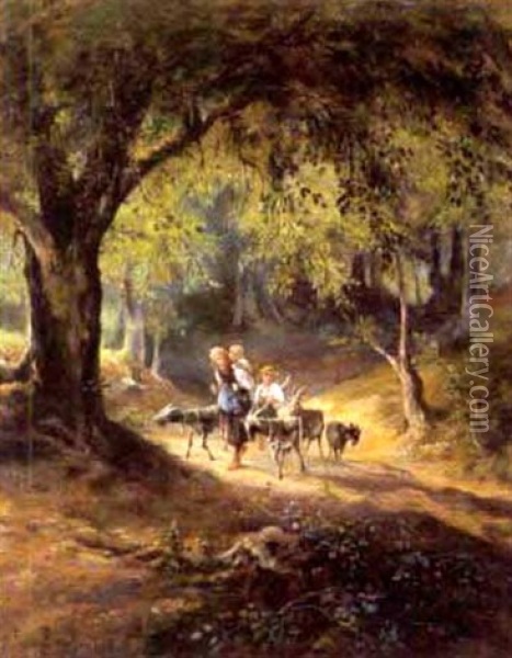Bauernkinder Mit Ziegen Am Waldweg Oil Painting - Emil Barbarini