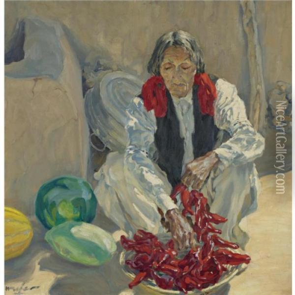 Stringing Chili Peppers Oil Painting - Walter Ufer