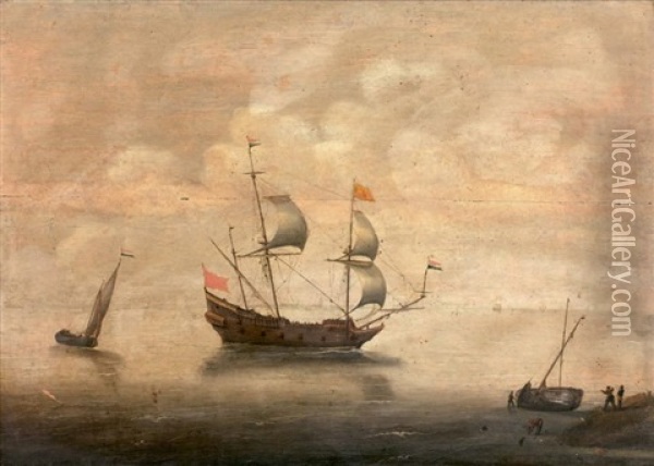 Navires Hollandais Pres D'une Cote Oil Painting - Willem van Diest