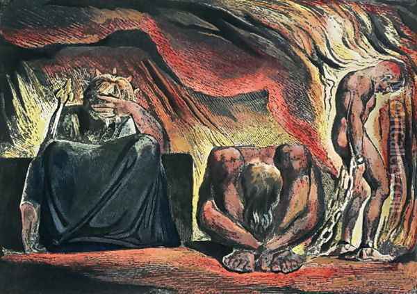 Jerusalem The Emanation of the Giant Albion- plate 51 Vala, Hyle and Skofeld, showing the crowned Vala Oil Painting - William Blake