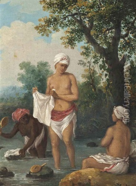 Women Of Dominica Washing Clothes In A Stream Oil Painting - Agostino Brunias