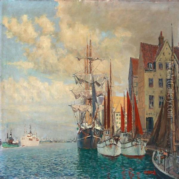 Harbour Scene From Copenhagen Oil Painting - Christian Bogo