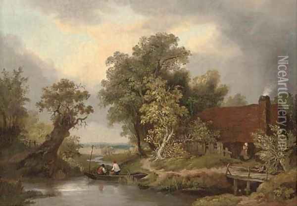 Figures in a punt by a cottage Oil Painting - James Stark