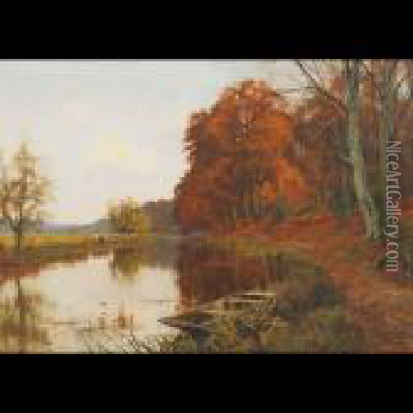 Autumn River Scene With Moored Boat Oil Painting - Edward Wilkins Waite