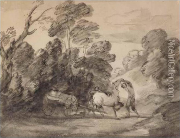 Wooded Landscape With Figures, Horse And Cart Oil Painting - Thomas Gainsborough