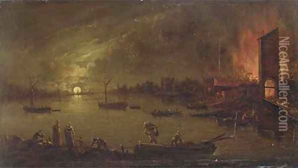 A moonlit riverside town on fire Oil Painting - Jan Ludewick de Wouters