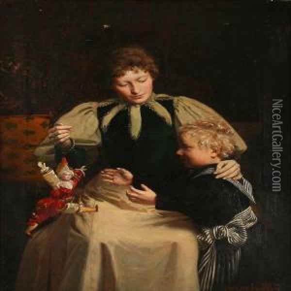 Mother And Child Playing With A Puppet Oil Painting - Luplau Janssen