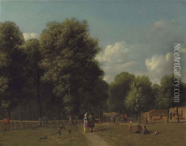A View Of Haarlemmerhout, Near Haarlem, With Elegant Figures On A Path And Children Playing Oil Painting - Gerrit Adriaensz Berckheyde