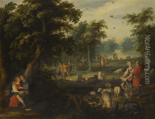 An Arcadian Landscape With Courting Shepherds And Their Flock Oil Painting - Jasper van der Laanen