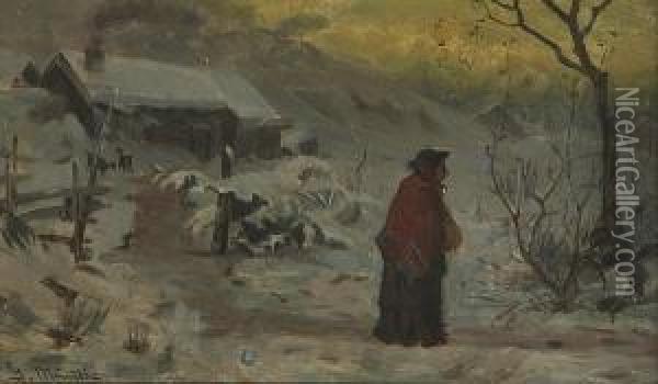 A Winter Scene With A Figure Walking Along Apath Oil Painting - Gerhard Peter Frantz Munthe