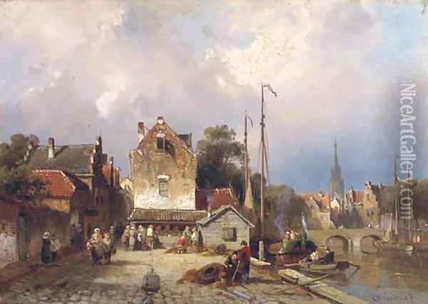 Daily activities on a quay in a Dutch town Oil Painting - Charles Henri Leickert