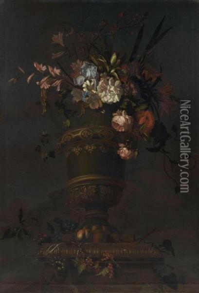 Bouquet De Fleurs Et Fruits Disposes Sur Un Entablement Oil Painting - Pieter III Casteels