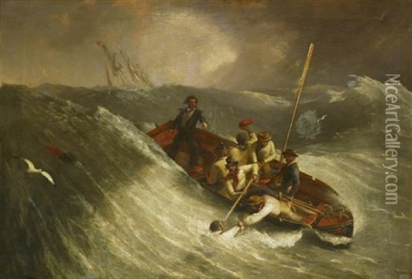 A Man Overboard Being Rescued By Crew In A Ship's Cutter In High Seas Oil Painting - William John Huggins