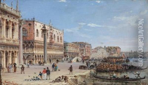 Motiv Aus Venedig Mitblick Auf Die Markussaulen Und Riva Degli Schiavoni Oil Painting - Giovanni Grubacs