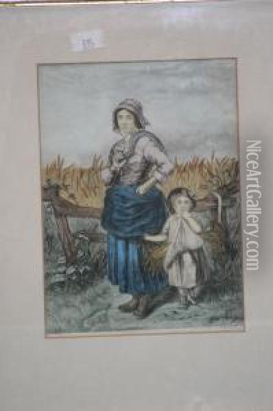 A Woman And Child Before A Cornfield And Another Old Oil Painting - George Baxter